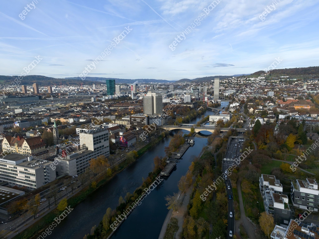 Drone point of view of industrial district of Swiss City of Zürich with ...