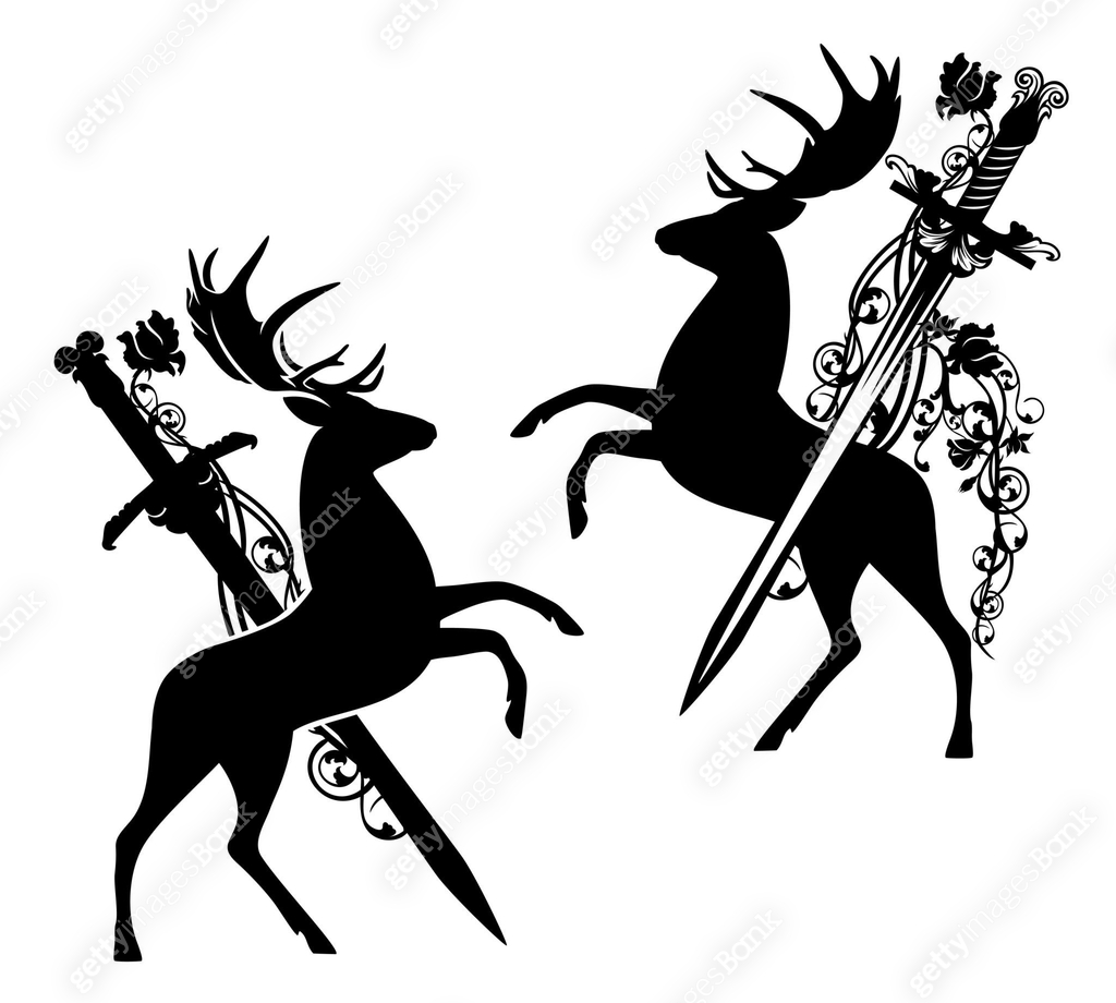 rearing up rampant deer stag and knight sword black and white heraldic ...