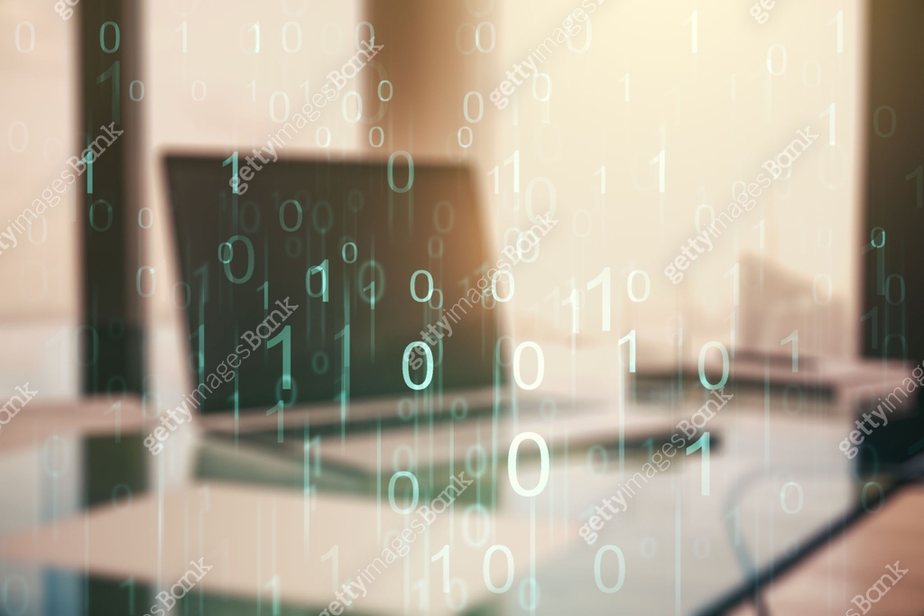 Creative abstract binary code hologram on modern computer background ...
