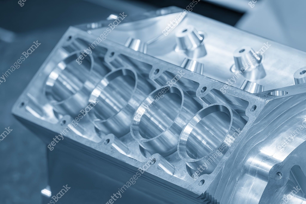 Close up scene the aluminum V8 engine block in the light blue scene ...