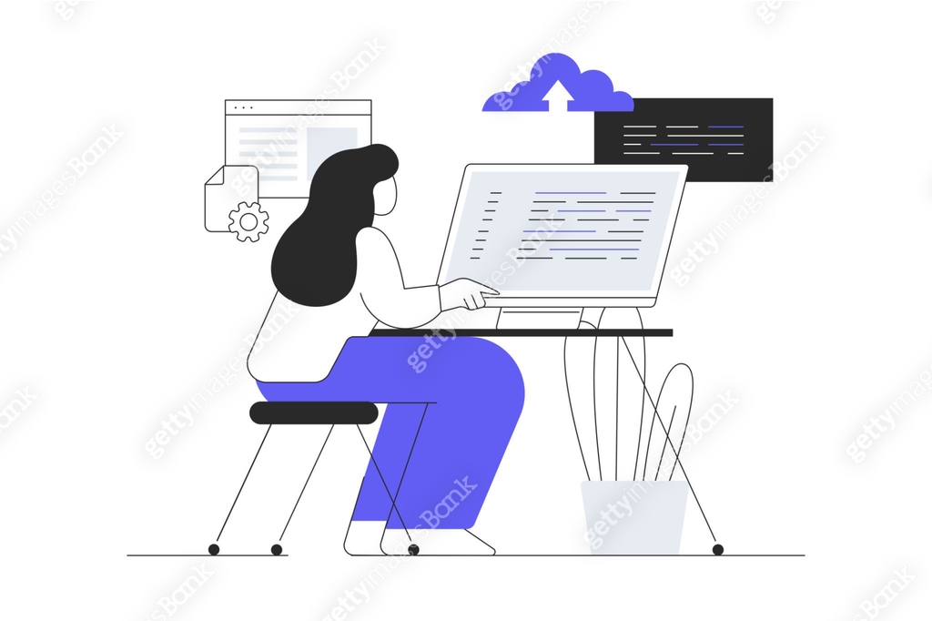 Backend development coding and programming. Woman Character working ...