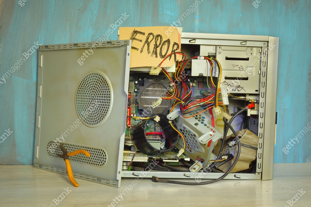 Grungy demolished computer with ERROR sign,server glitch,offline ...