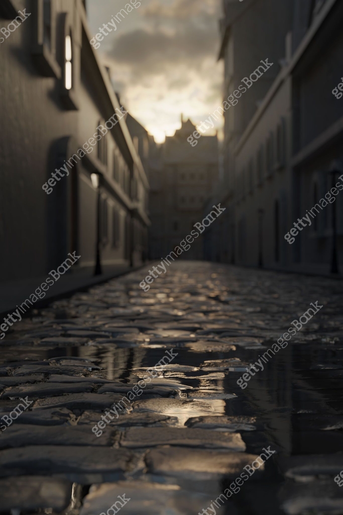 old town cobblestone street covered with puddles in the evening ...