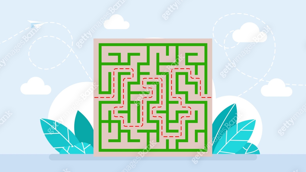 Line maze game. Medium complexity. Rectangle labyrinth with entry and ...
