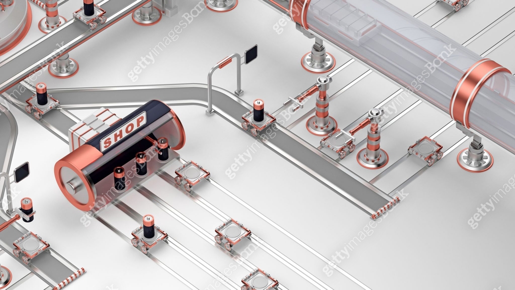 Isometric view of a futuristic industrial assembly line featuring ...