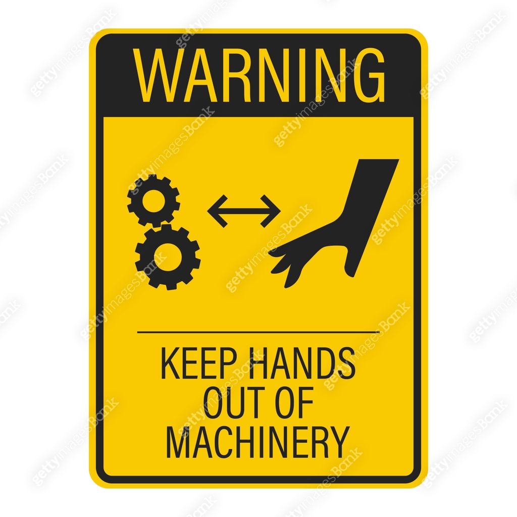Isolated pictogram sign warning to keep hands away from machinery ...