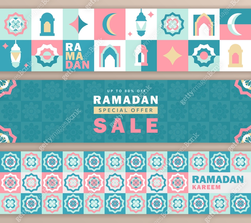 Set Ramadan headers in flat geometric style with a crescent, lantern ...