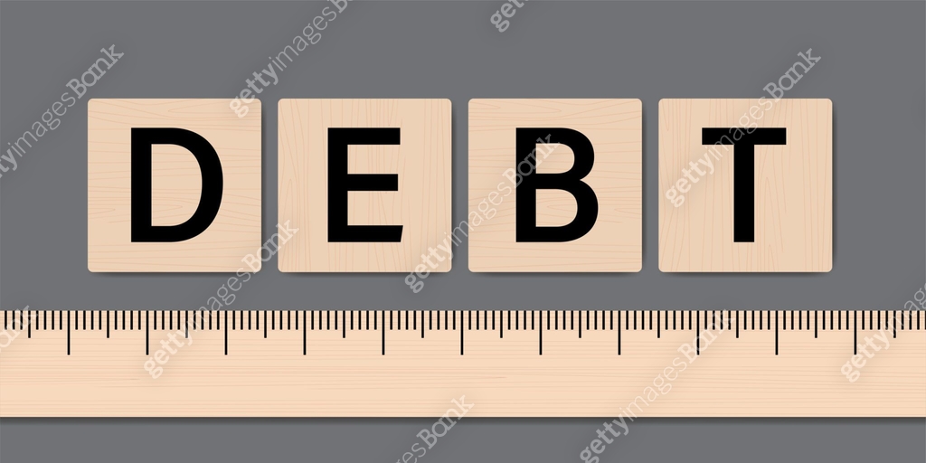 Ruler measuring debt or loan level. Wooden labels and ruler. Risk ...