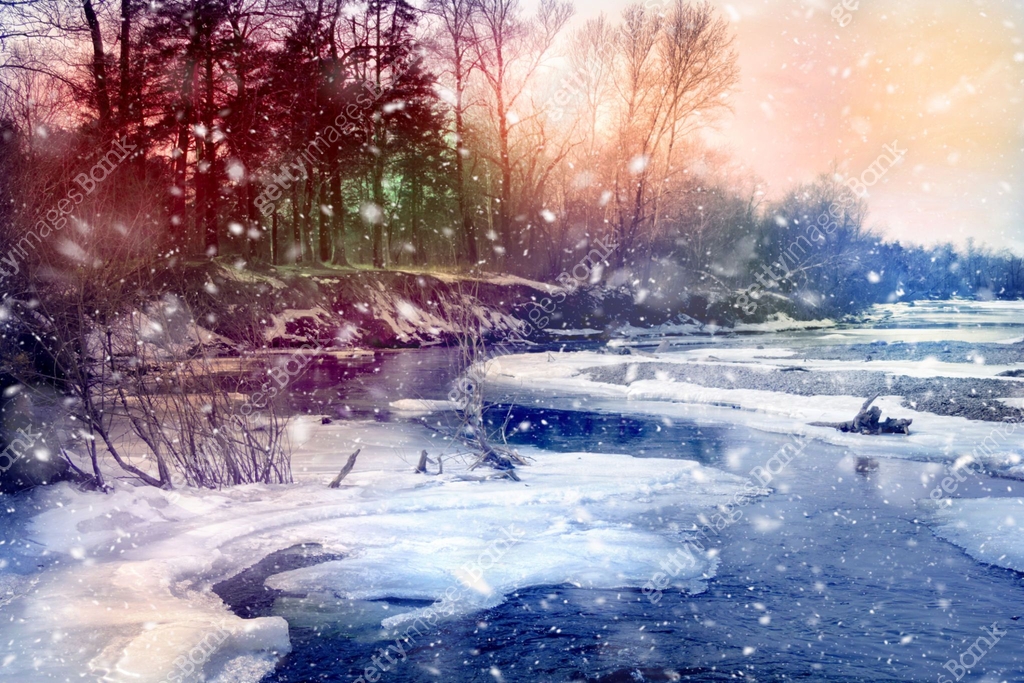 Cold spring in the north country. Slow melting snow and ice on the ...