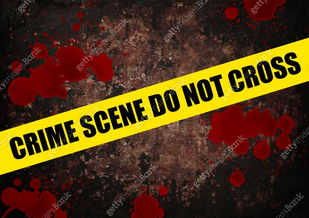 Blood Scene Crime Scene Do Not Cross Tape Blocking Access with Blood splatters 이미지 ...