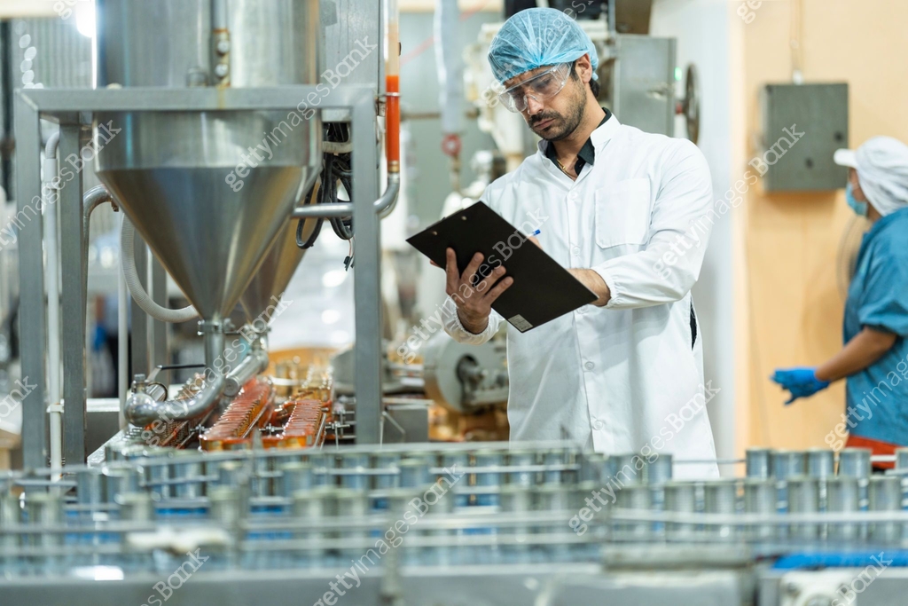 Food Processing Inspection Stand Inspector checking automated machinery in food production facility ...