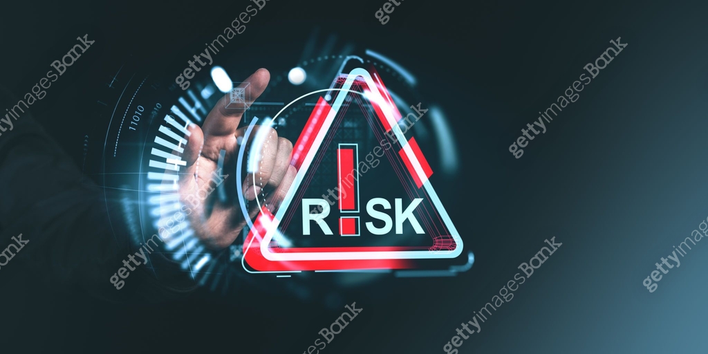 Man finger touch red risk sign hologram and abstract glowing lines 이미지 ...