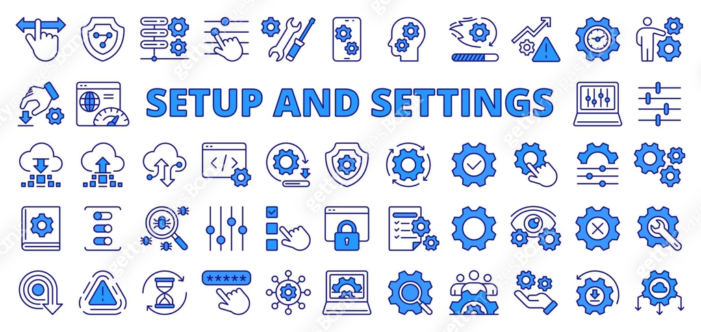 Setup and settings icons in line design blue. Setup, settings ...