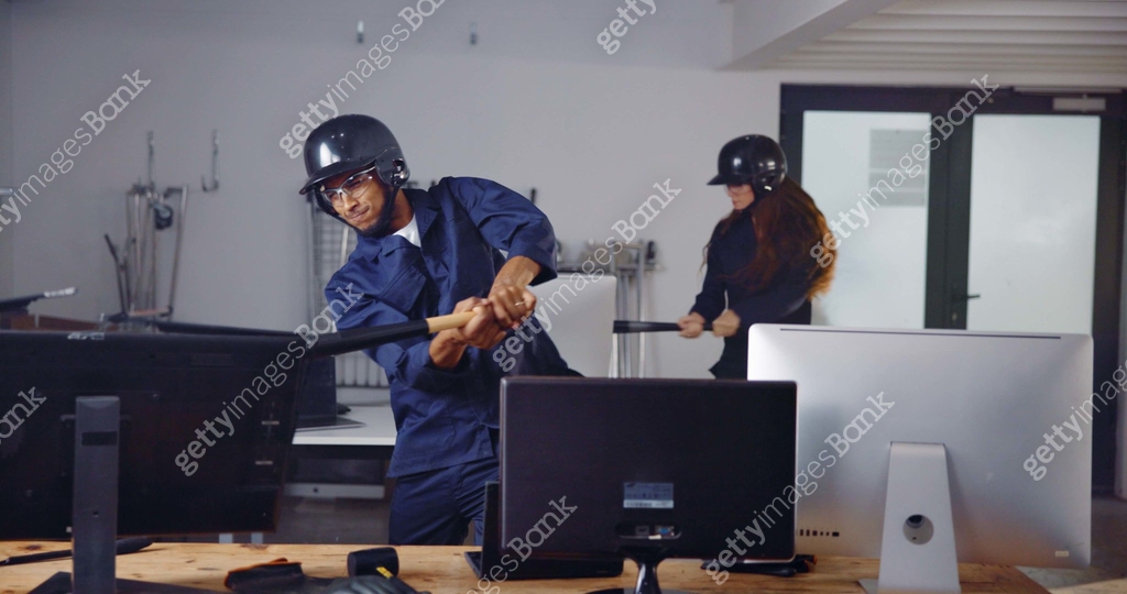 Demolition, weapon and friends in rage room for frustrated, anger ...