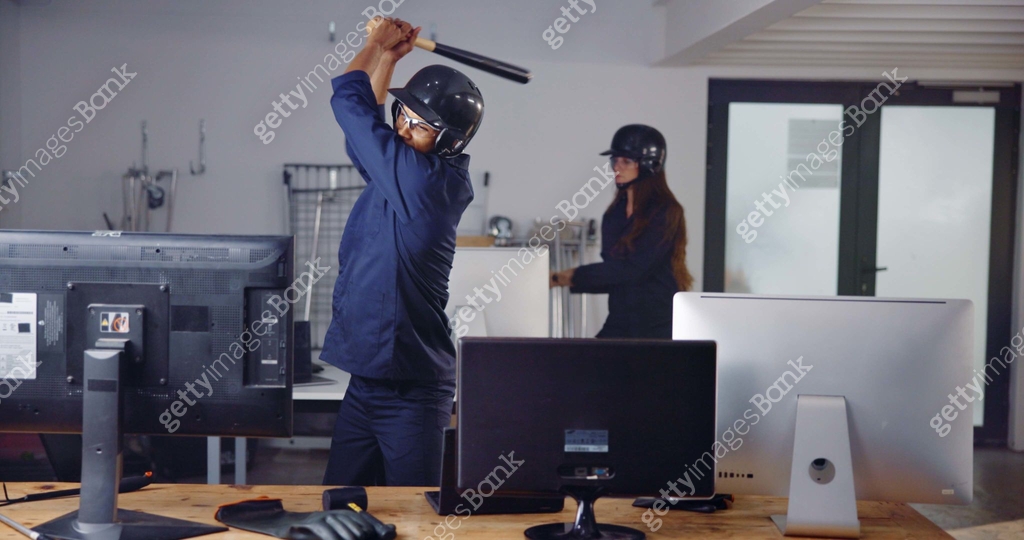 Computer Rager Computer, weapon and friends in rage room for frustrated, anger ...