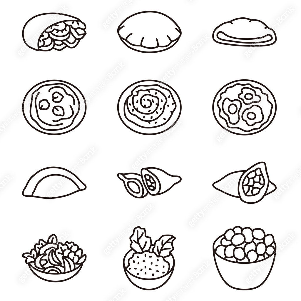 12 line drawings of Arabic foods 이미지 (2202230648) 일러스트, 무료 일러스트 - 게티이미지뱅크