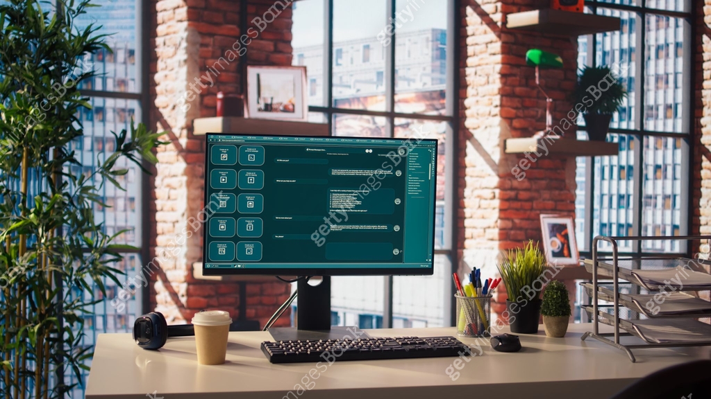 Computer setup in workspace showing large language model program 이미지 ...