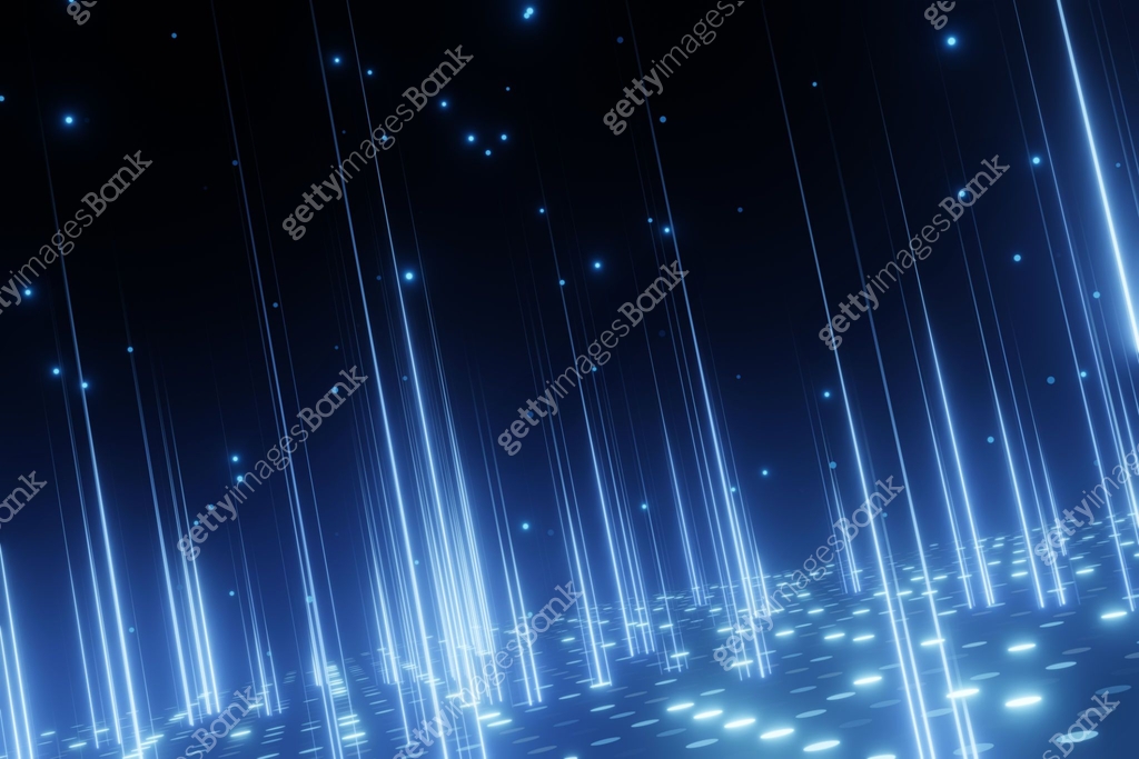 Streaks of light ray emitting from a surface full of glowing dots ...