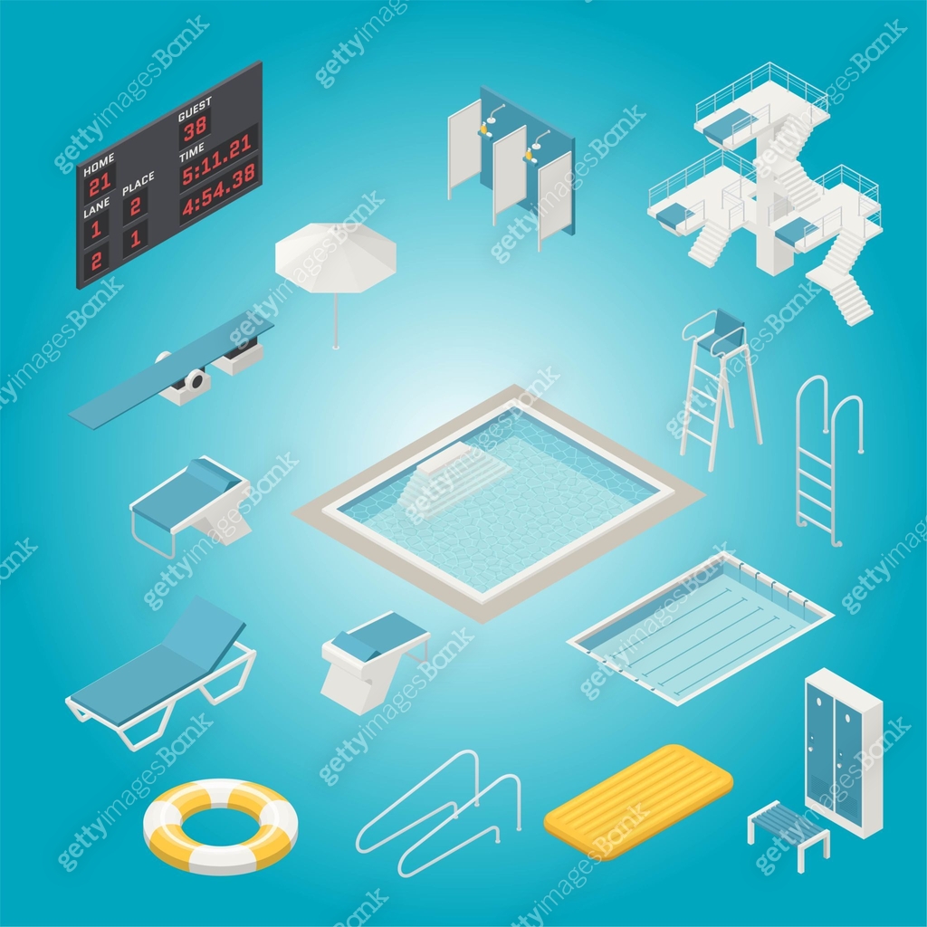 Swimming Pool Isometric Elements Set ripple top villa hotel 이미지 ...