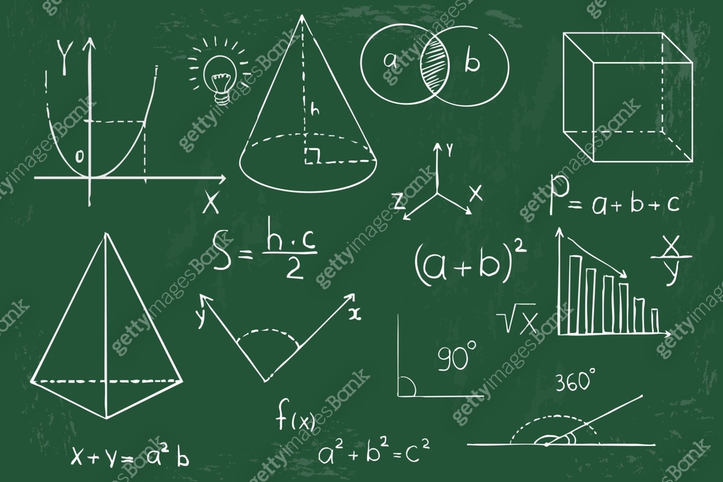 Math geometry graph and shapes on blackboard background. Set science ...