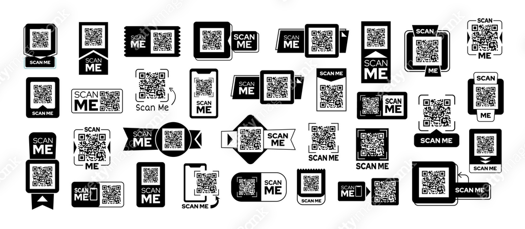 Scan me sticker frames. QR code labels, banners and badges templates ...