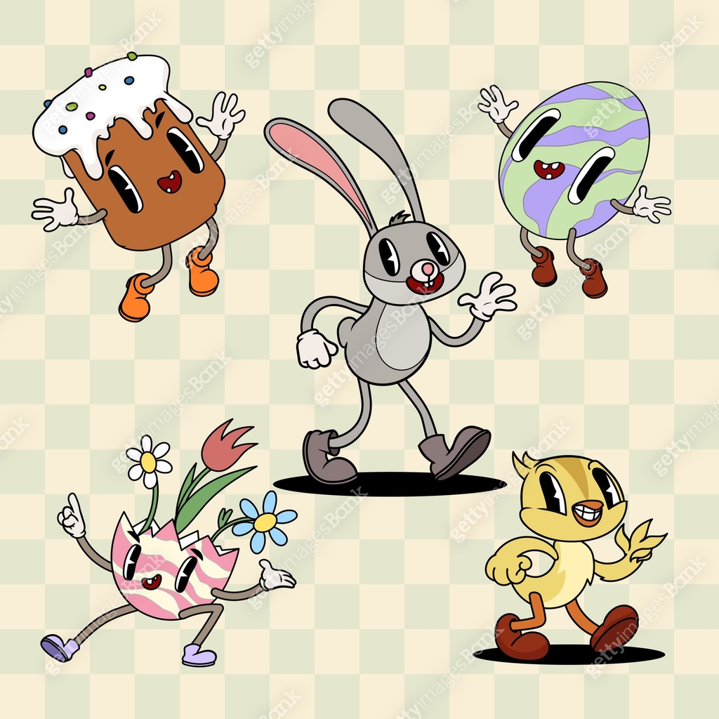 Groovy retro Easter cartoon characters set. Easter bunny, egg, chick ...