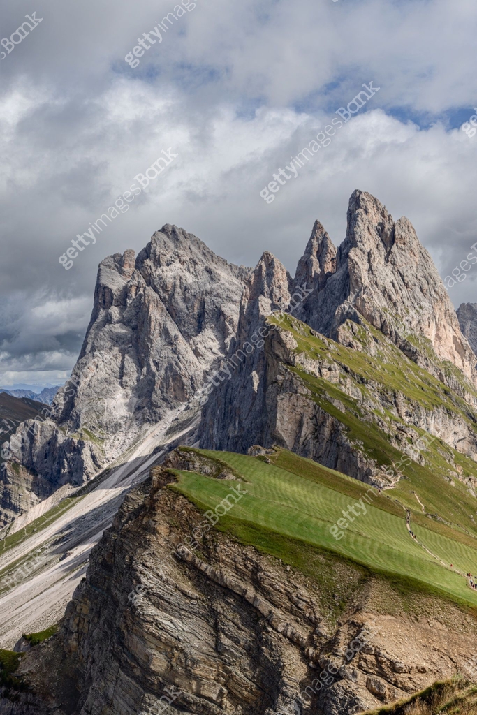 Vertical view of the famous meadow on Seceda Ridge, Dolomites, Italy ...