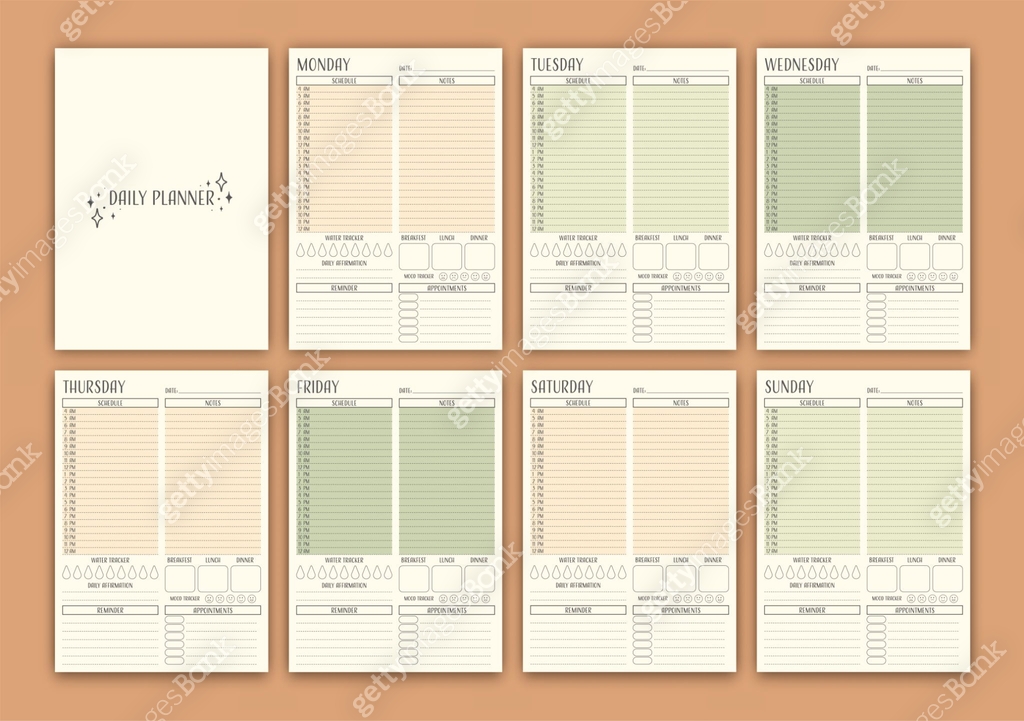 Organisational Diary System Example Minimalistic planner templates. Pages for daily, weekly, and monthly ...