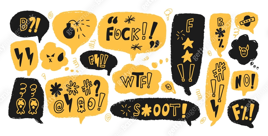 Negative emotion. Speech bubbles with swear words. Curse crayon doodle ...