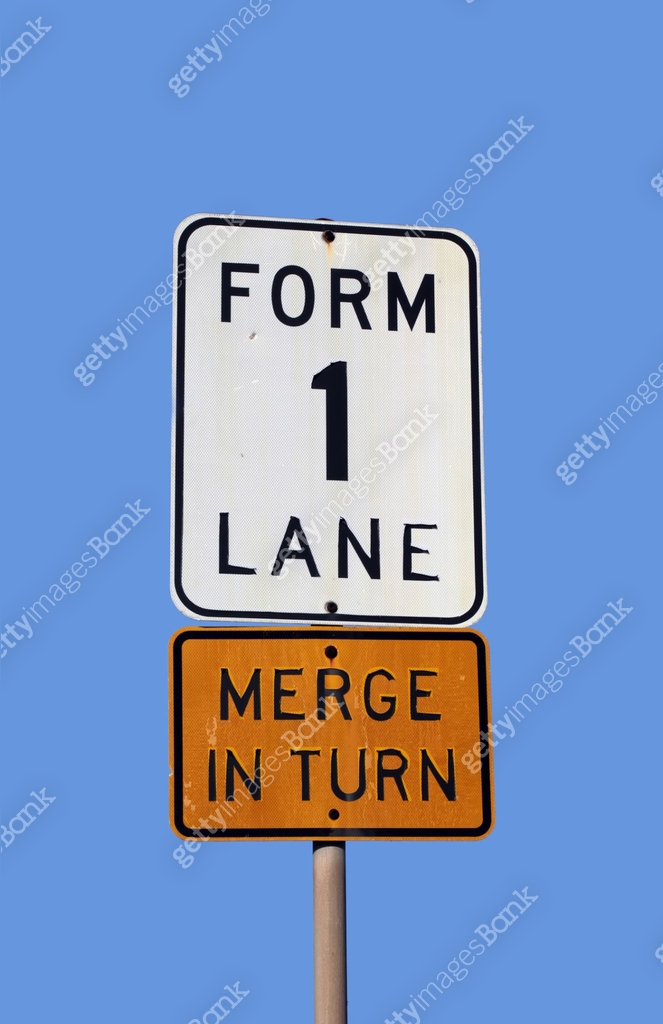 Form 1 Lane and Merge In Turn road signs against a clear blue sky 이미지 ...