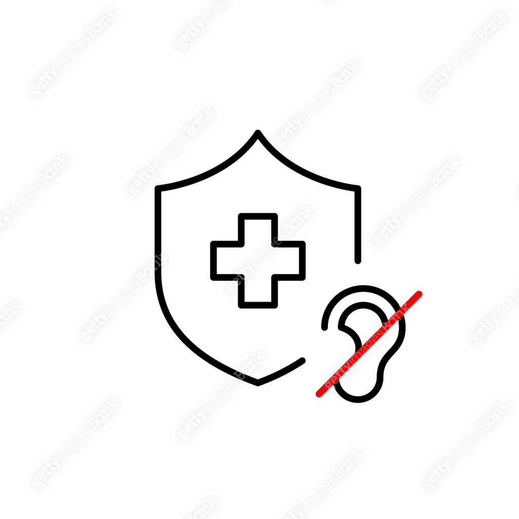 Health insurance shield with cross and ear crossed off. Hearing loss ...