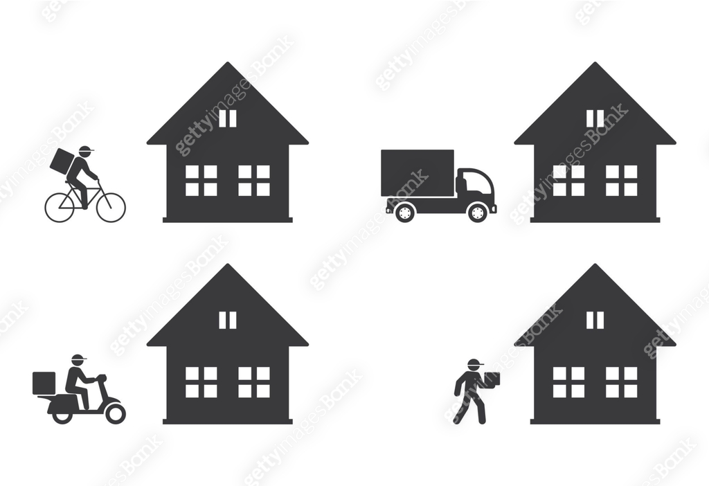 delivery servise on scooter and bicycle and car to house icon 이미지 ...