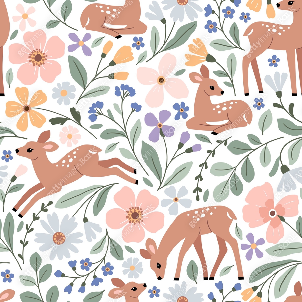 Fawn Pattern Print Seamless vector pattern with cute fawn on floral background. Hand drawn ...
