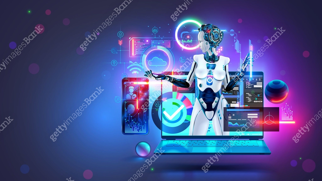 Ai bot programmer with laptop with code programs on screen. Artificial ...