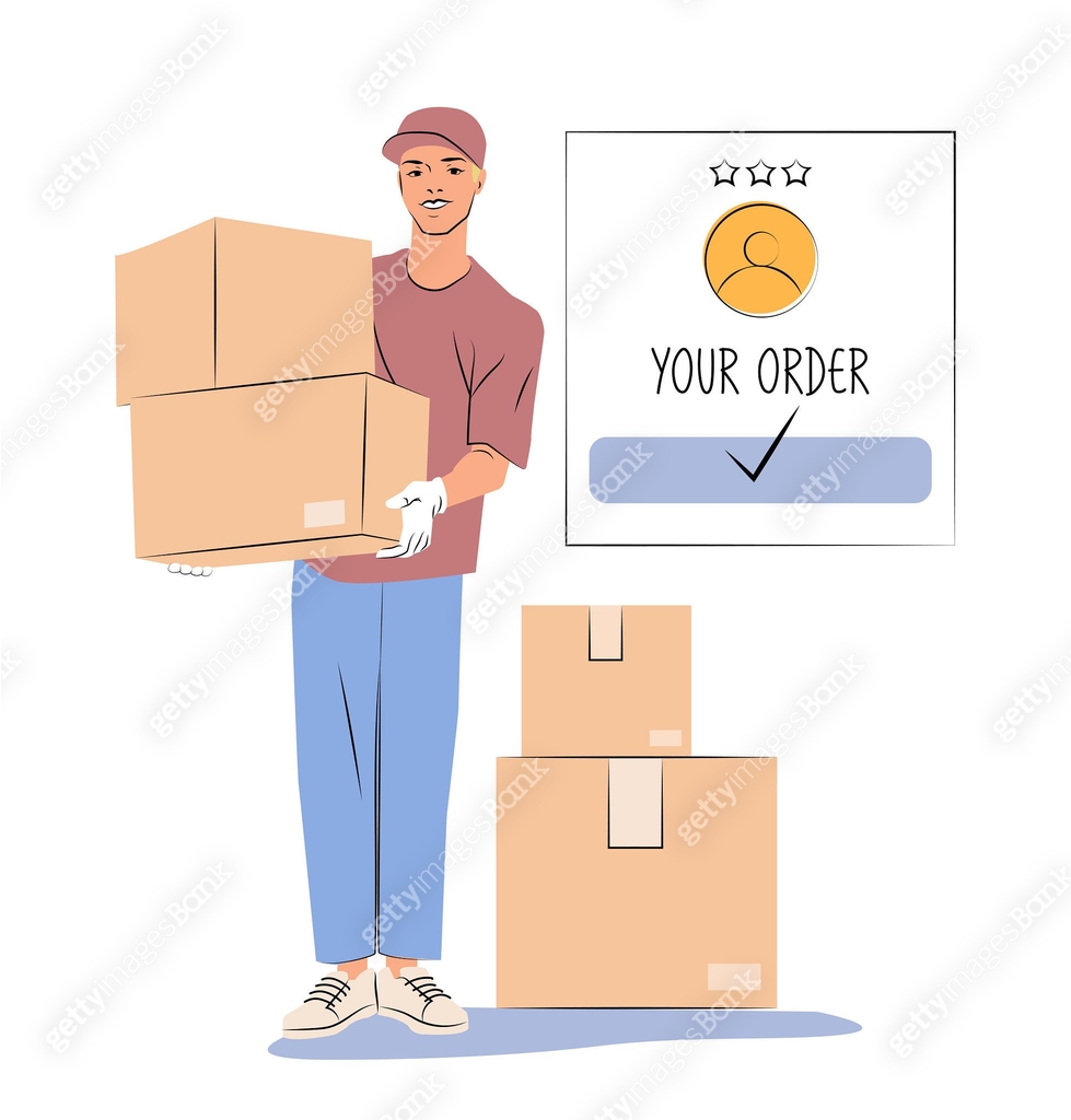 Delivery man with boxes and order status. Vector illustration 이미지 ...