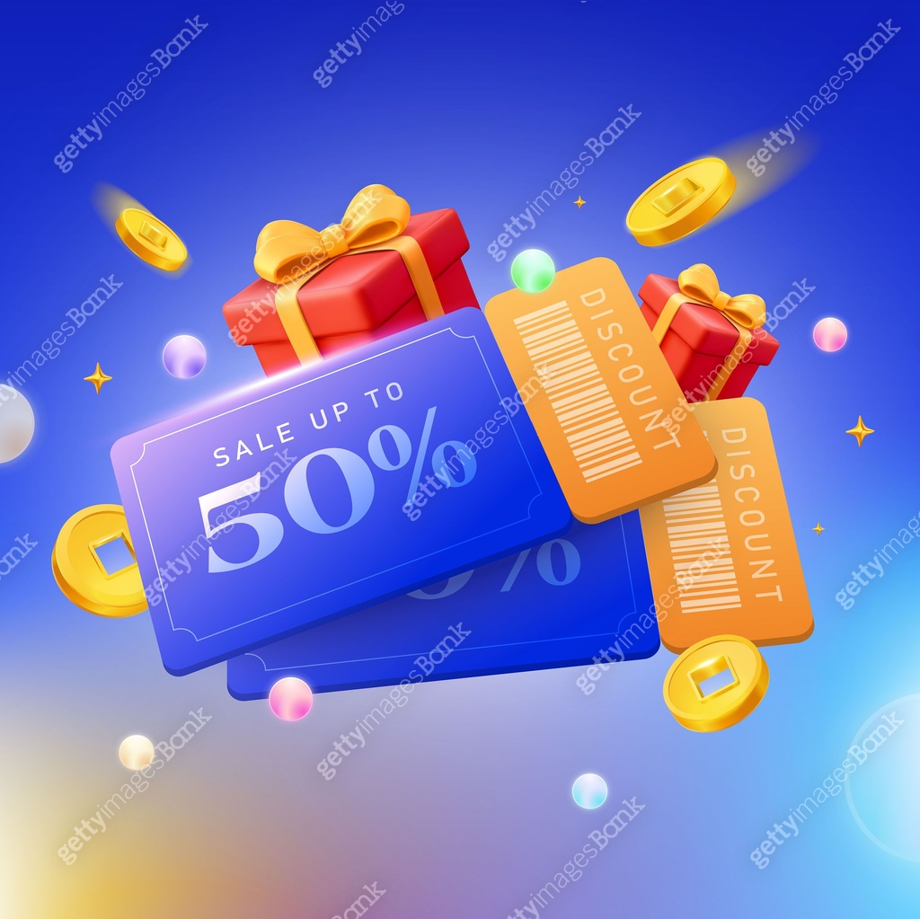 3d stack of coupons with barcode, flying coins and red gift boxes ...
