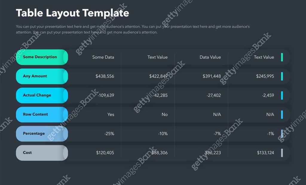 Table layout template with six colorful rows - dark version 이미지 ...