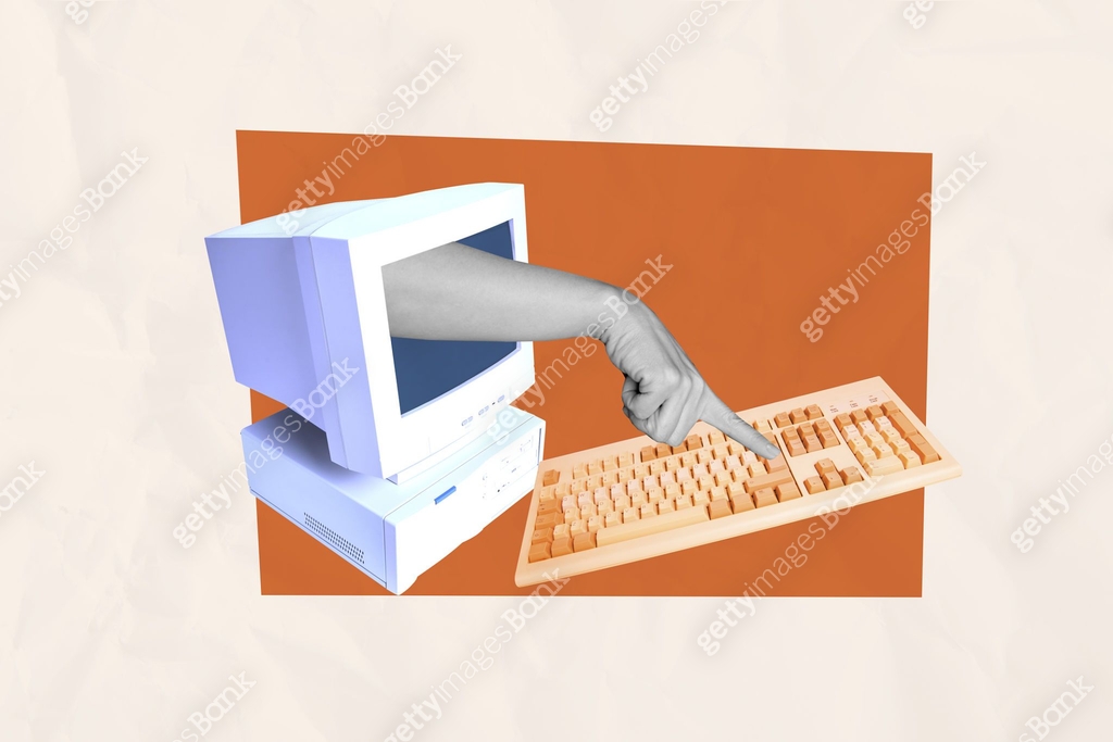 Composite collage picture image of computer monitor finger typing ...