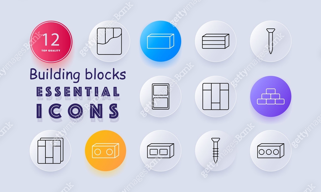 Building blocks set icon. Round icons show various brick shapes, screws ...