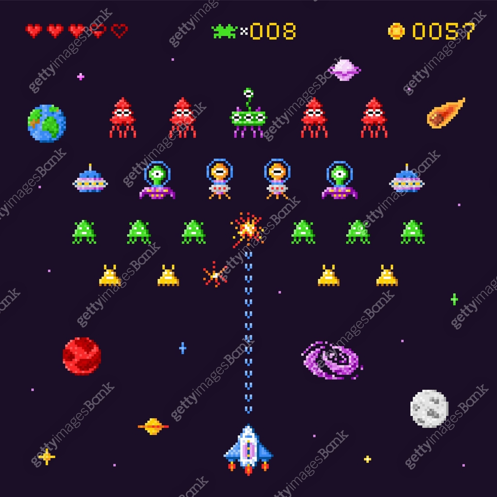 Space invaders game. Spaceship battle retro video game computer vintage ...