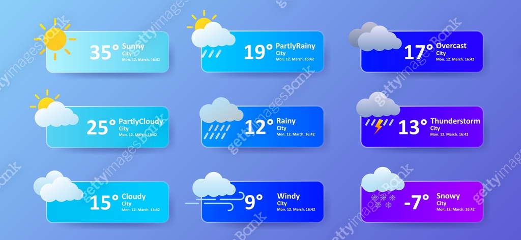 Button Card Weather Examples Weather status buttons. Nine colored panels with cloud, sun, rain, snow ...