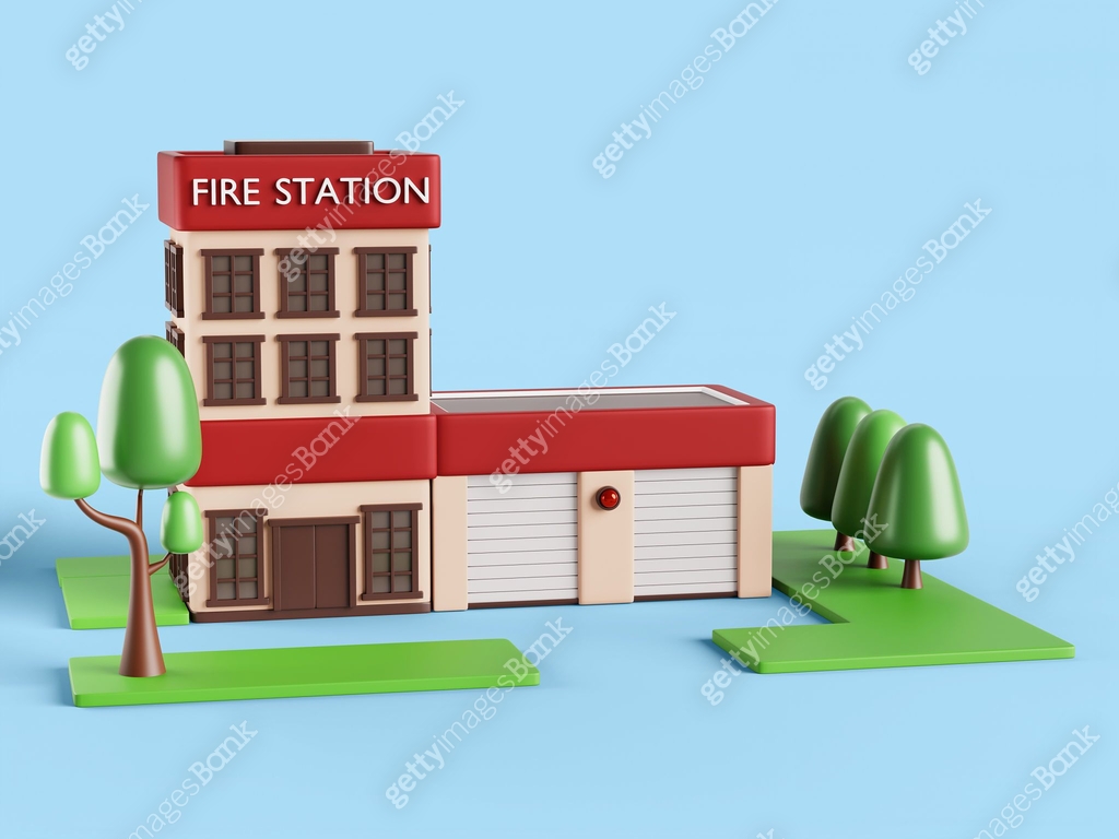 Fire Dispatch Rendering Fire station 3d building exterior with closed garage for firetrucks and ...