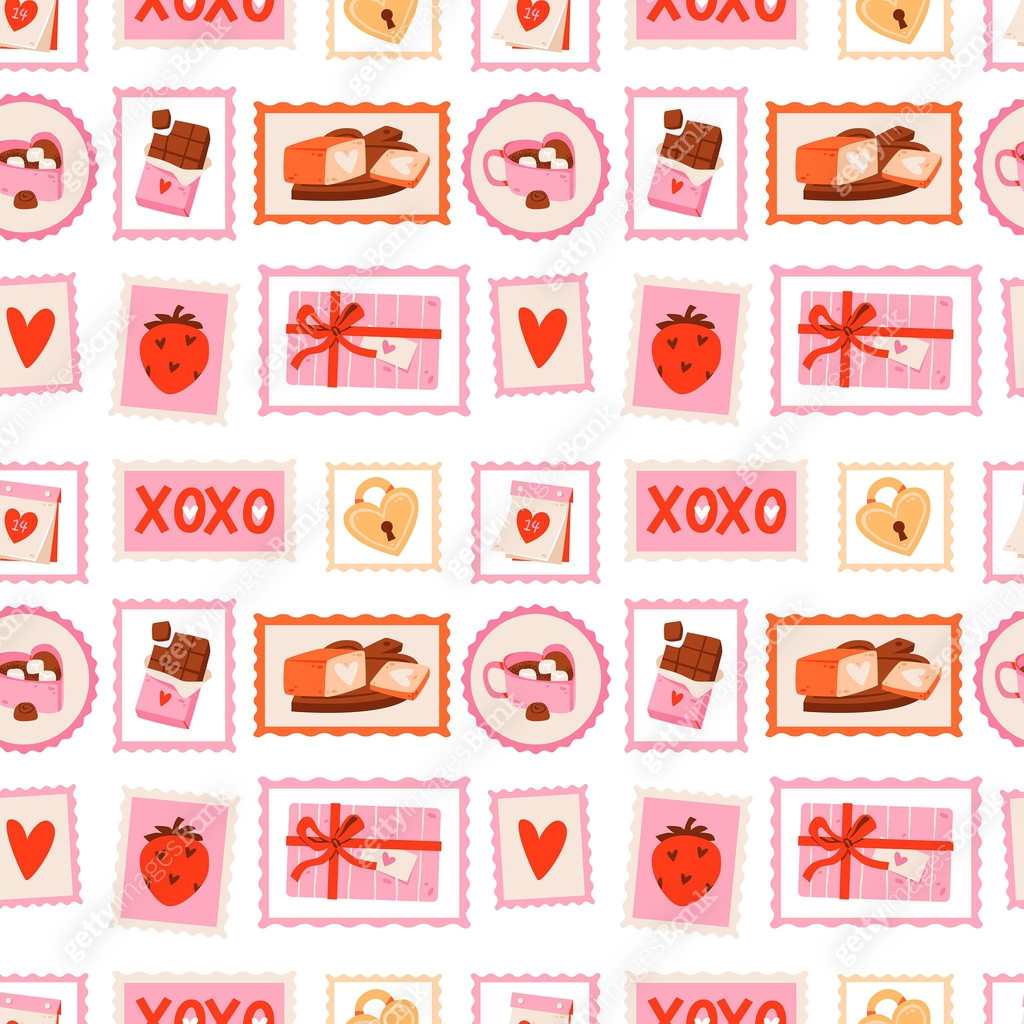 Seamless Valentine Stamp Pattern with Romantic Icons. Repeating ...