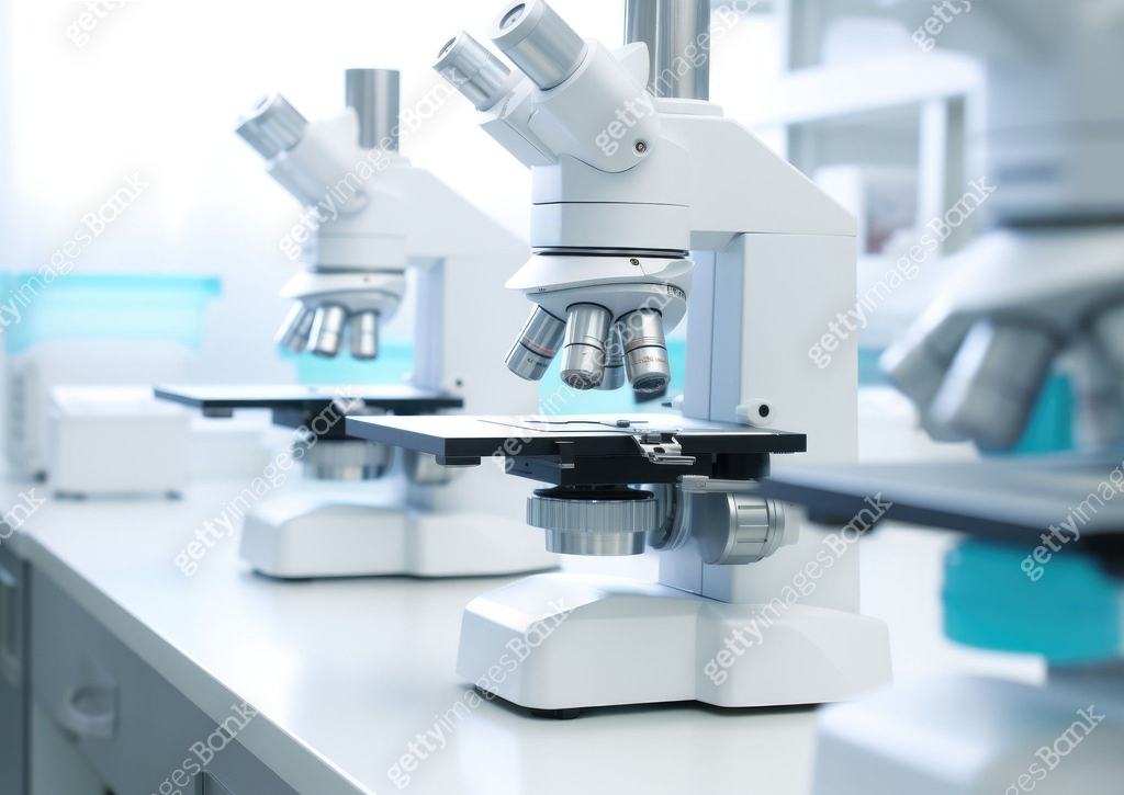 Microscope Workbench Graphic Generative AI illustration of modern laboratory setting showcasing a ...