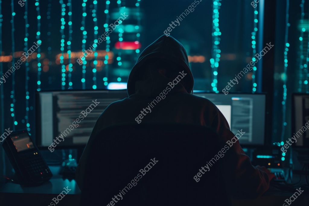Ai generative image. Back view of unrecognizable hacker in cyberspace ...