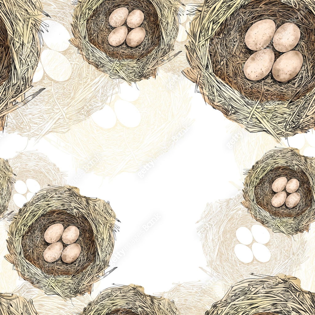 Bird Nest with Eggs Pen and Ink Vector Seamless Pattern 이미지 (973004142 ...