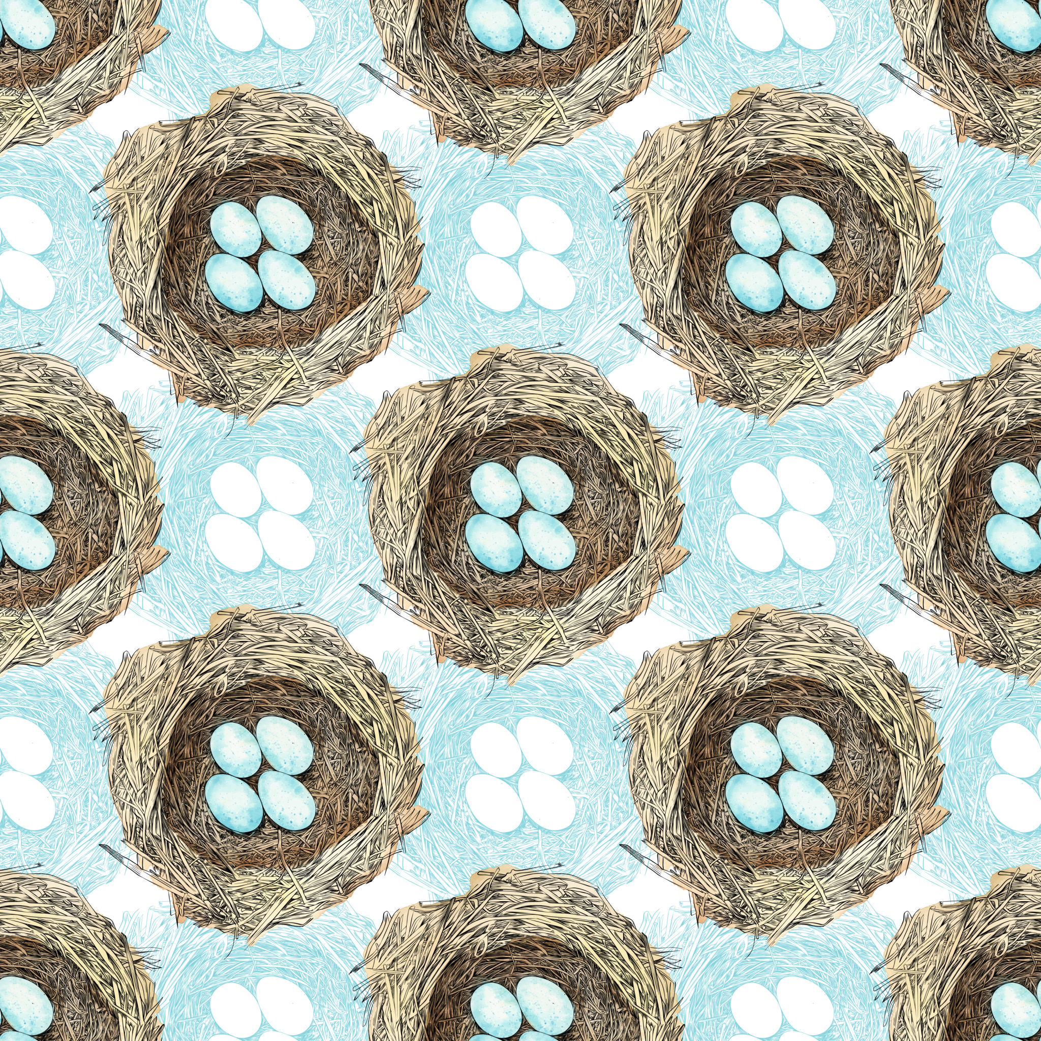 Bird Nest with Eggs Pen and Ink Vector Seamless Pattern 이미지 (972517436 ...