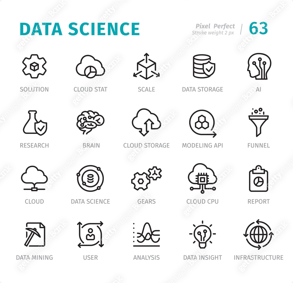 Data Science - Pixel Perfect line icons with captions 이미지 (1171563165 ...