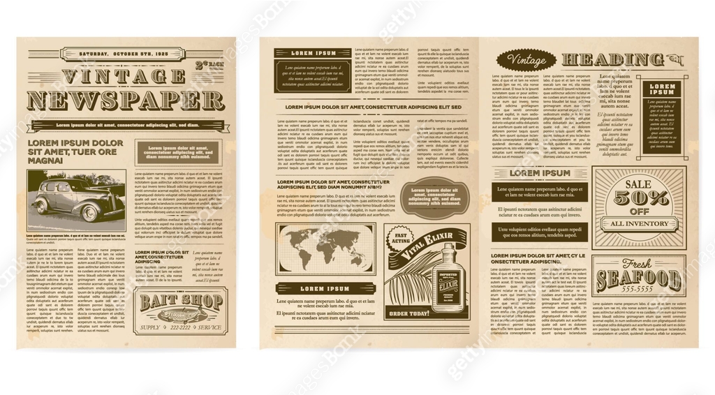 Old Layout Vintage or old fashioned worn Newspaper layout includes front page and ...