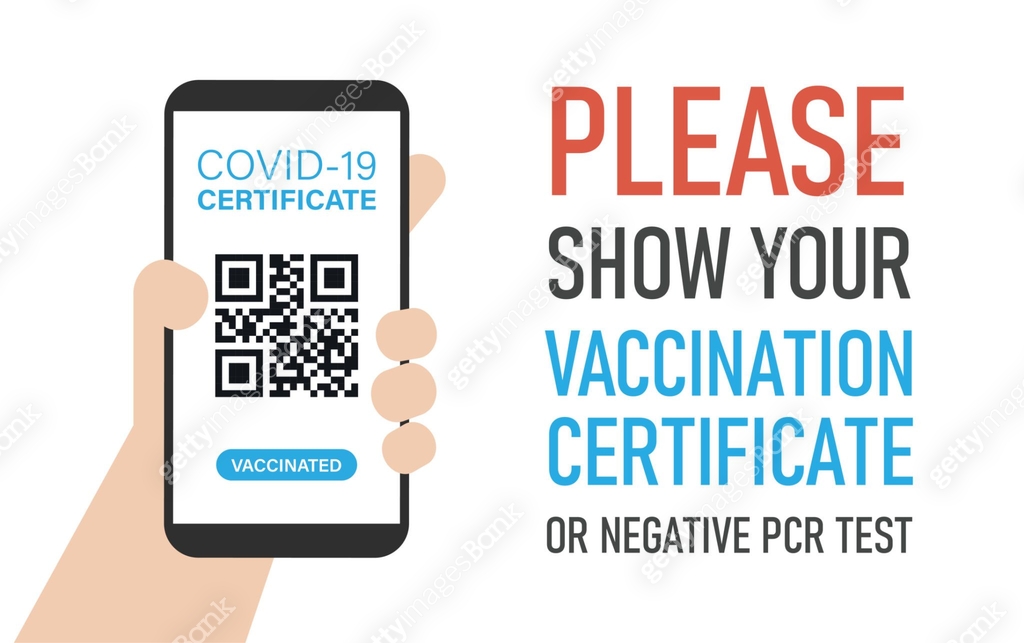 Negative Qr Code Covid-19 Certificate QR Code Scan on Smartphone in Hand. Text: Please ...